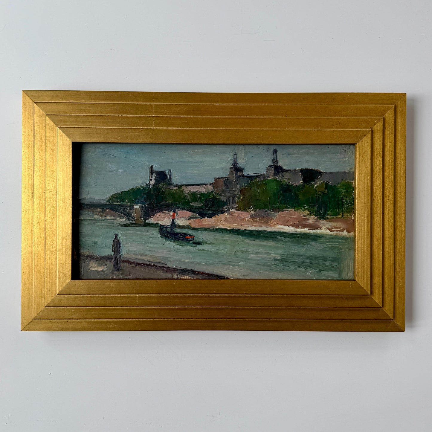 Paul Wescott The Louvre from the Seine River Paris, France Oil Painting in Gold Frame