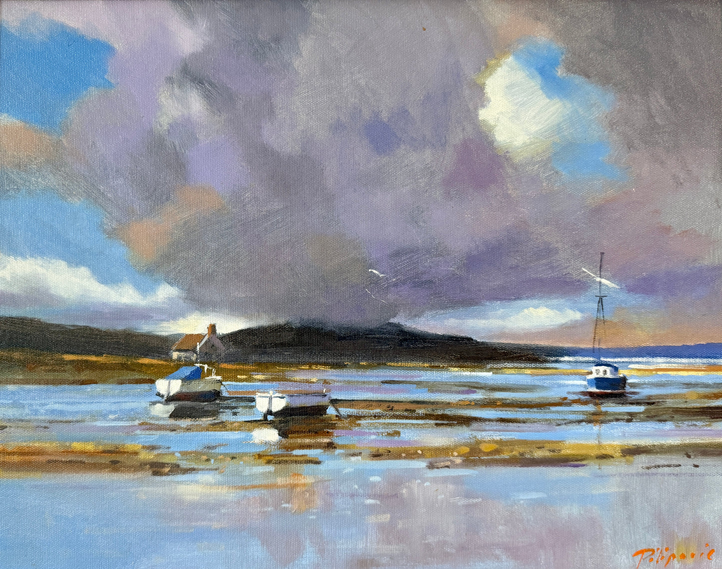 Zlatan Pilipovic Harbor Reflections Seascape Oil Painting in Gold Frame