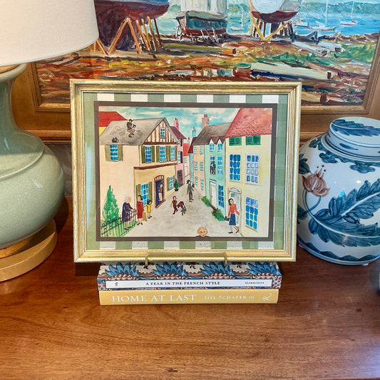 Victoria Donohue Nosey Neighbors Townscape Watercolor Painting on Green Gingham in Gold Frame