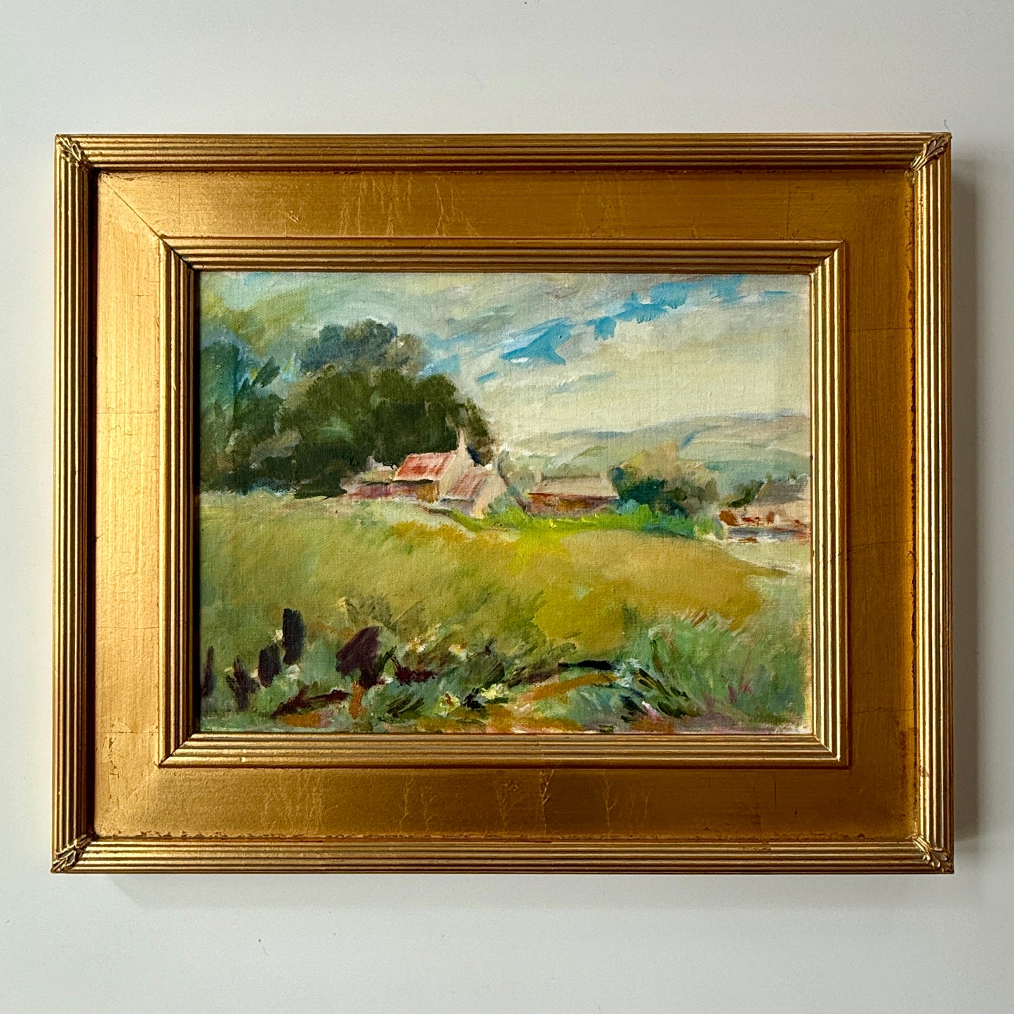 Impressionist Landscape with Pink Country Houses Oil Painting in Gold Frame