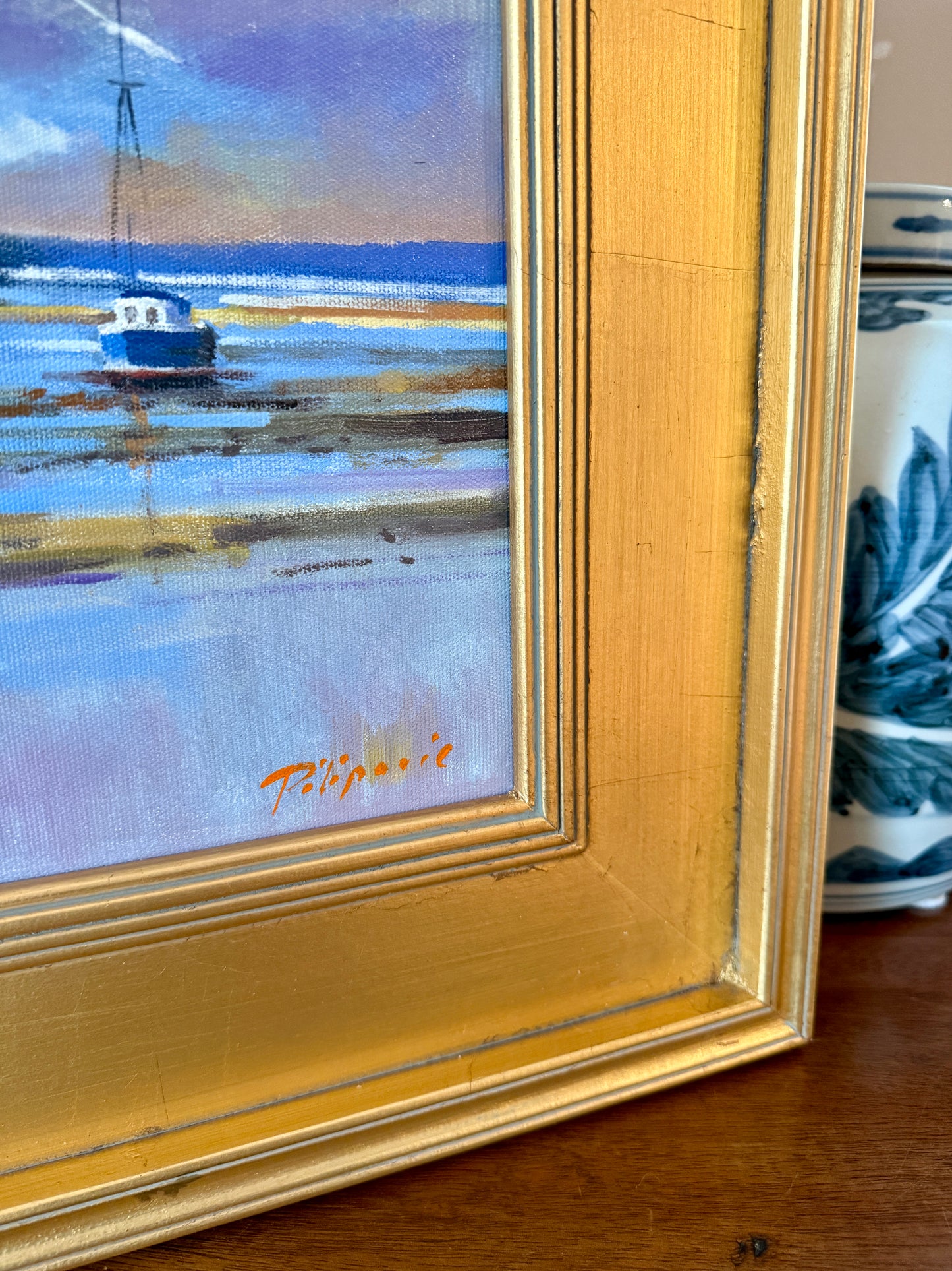 Zlatan Pilipovic Harbor Reflections Seascape Oil Painting in Gold Frame