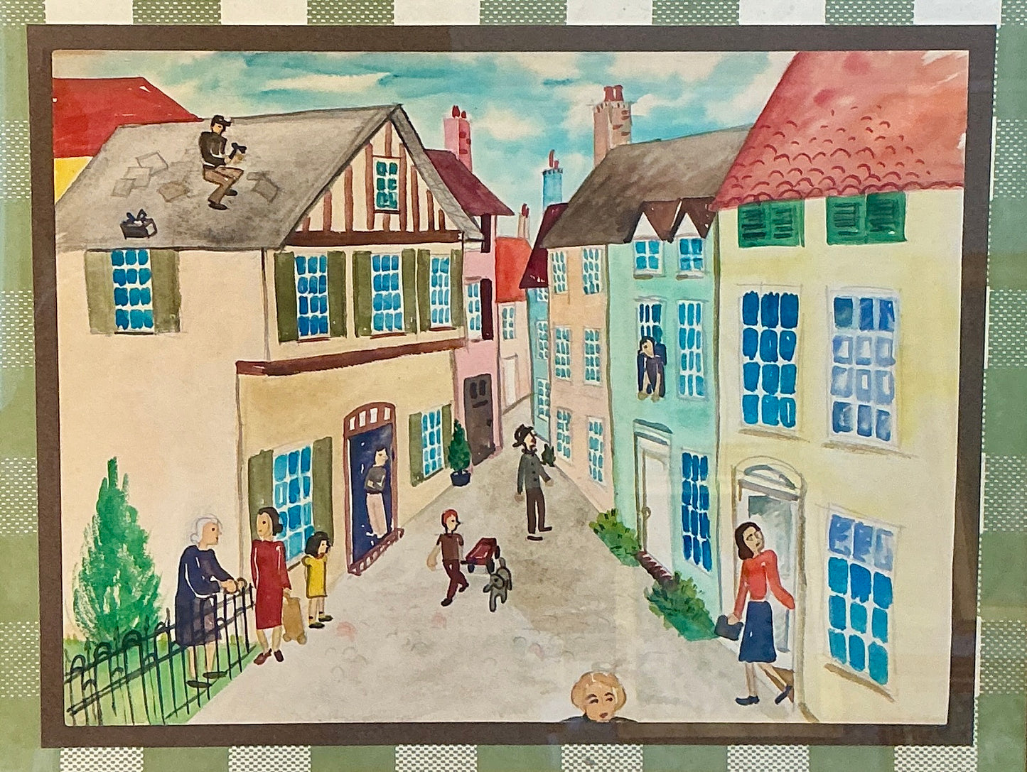 Victoria Donohue Nosey Neighbors Townscape Watercolor Painting on Green Gingham in Gold Frame