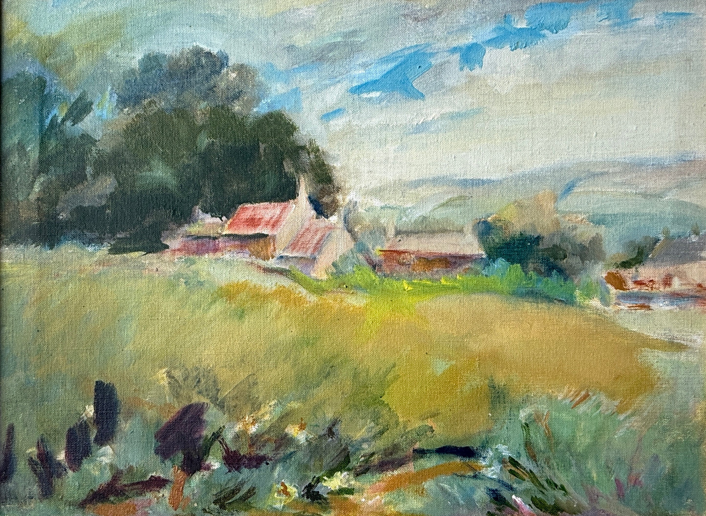 Impressionist Landscape with Pink Country Houses Oil Painting in Gold Frame