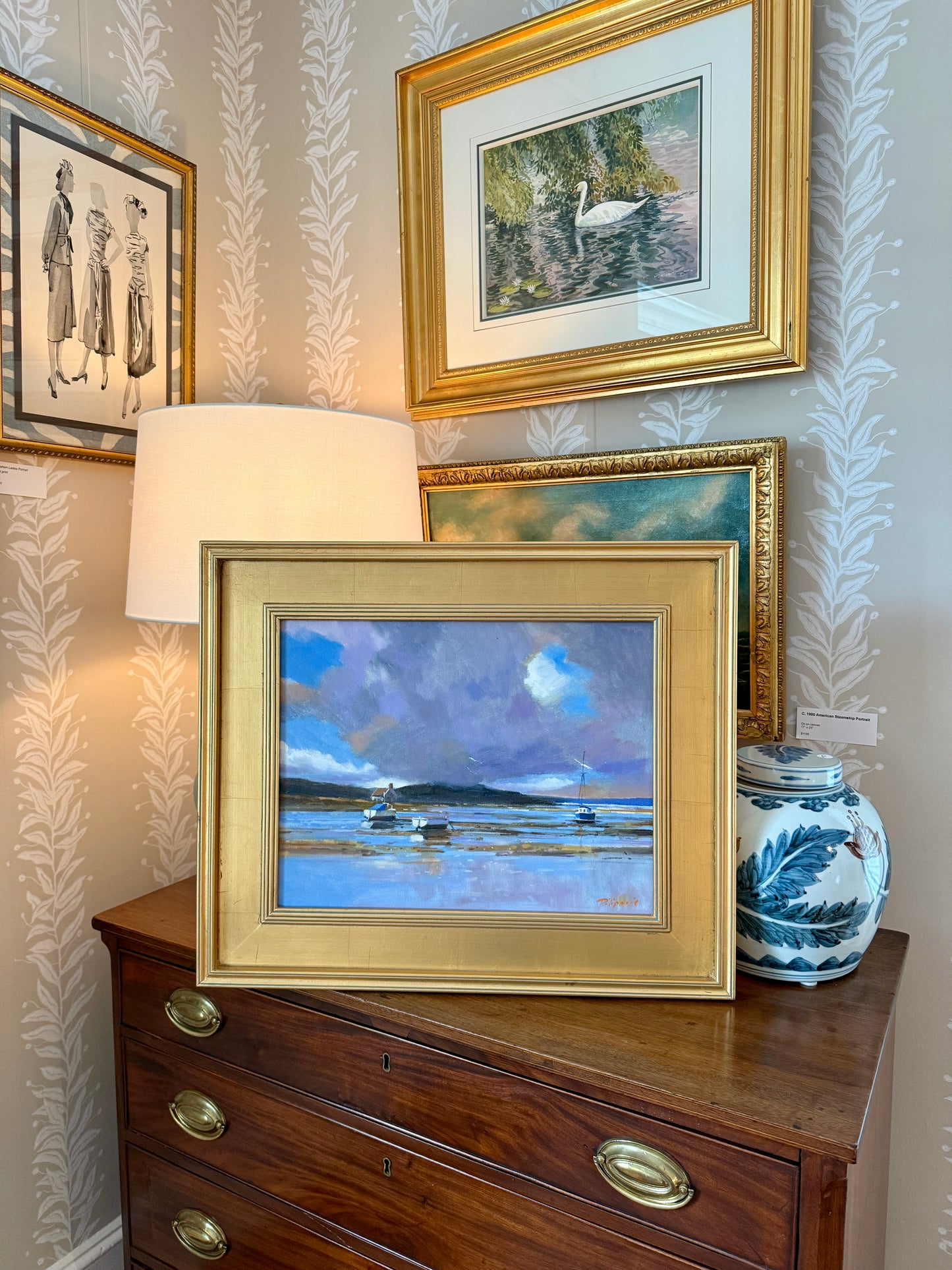 Zlatan Pilipovic Harbor Reflections Seascape Oil Painting in Gold Frame