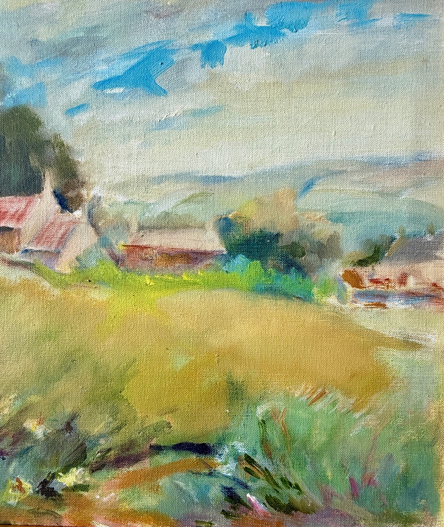 Impressionist Landscape with Pink Country Houses Oil Painting in Gold Frame