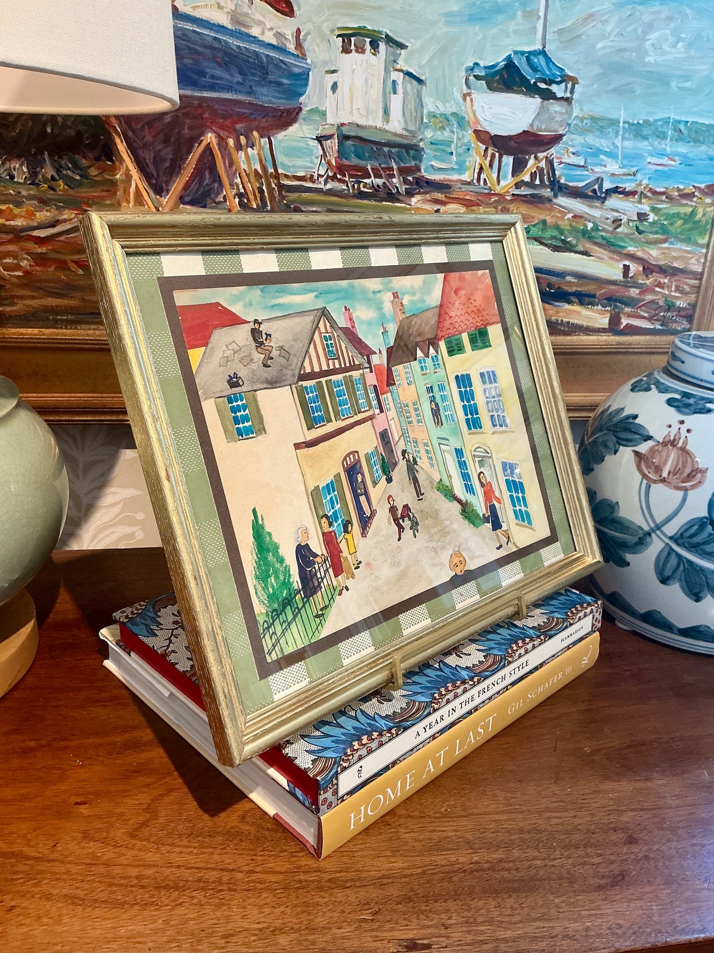 Victoria Donohue Nosey Neighbors Townscape Watercolor Painting on Green Gingham in Gold Frame