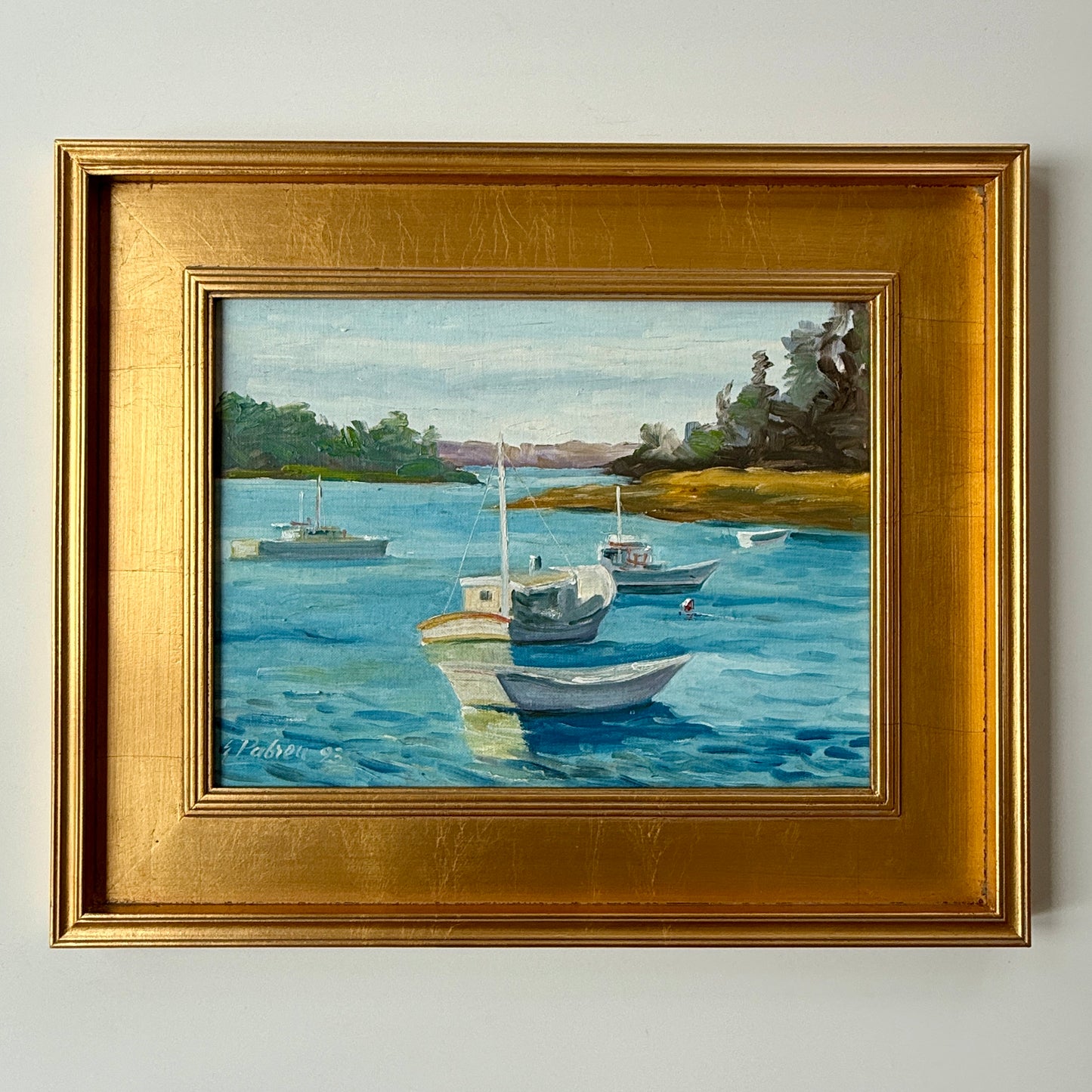 20th Century Pabreu Boats in Cove Marina Oil Painting in Gold Frame