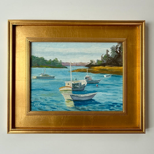 20th Century Pabreu Boats in Cove Marina Oil Painting in Gold Frame