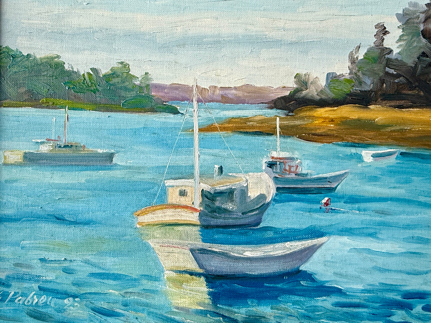 20th Century Pabreu Boats in Cove Marina Oil Painting in Gold Frame