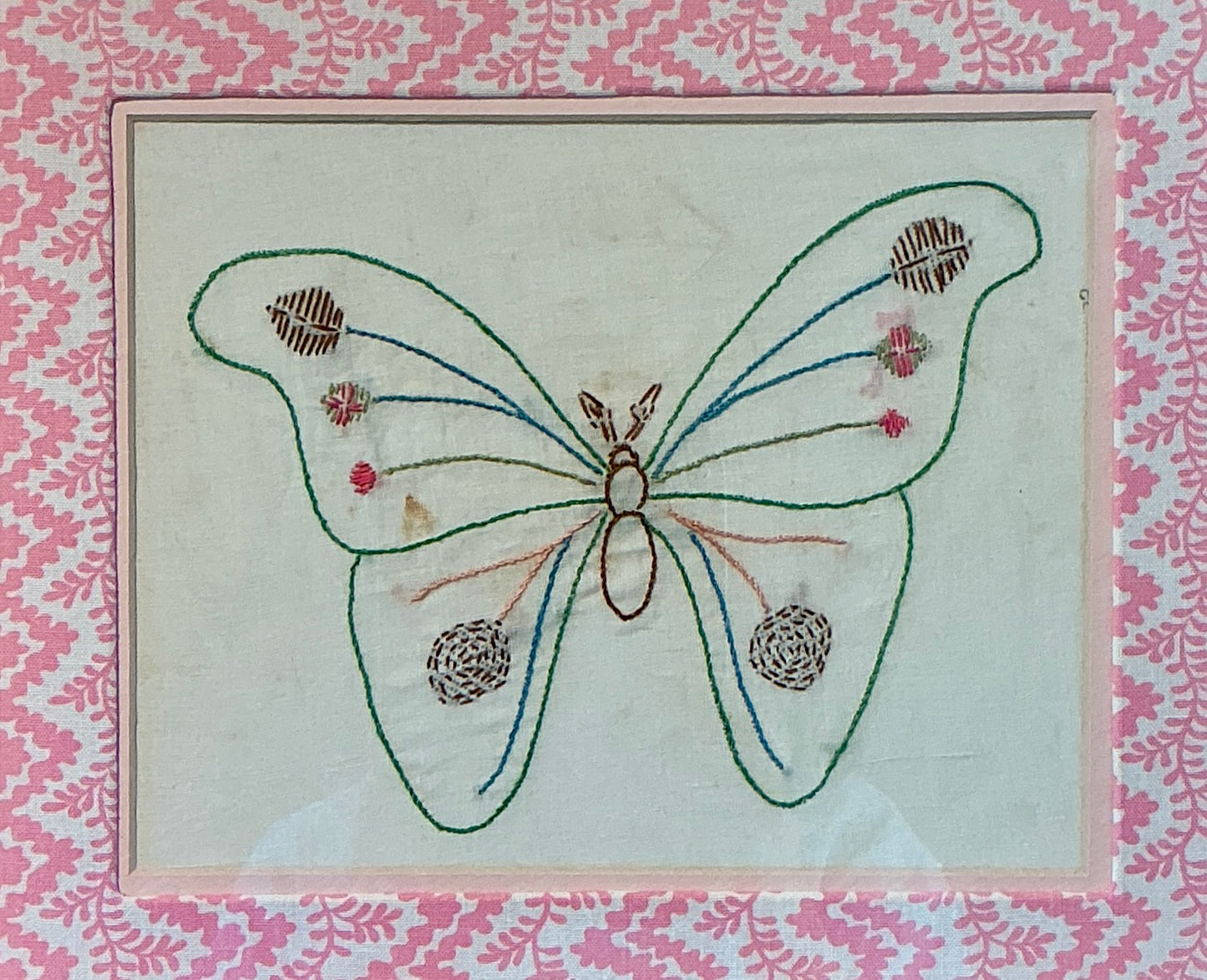 Early 20th Century Butterfly Embroidery on Vintage Designer Pink Ricrac Vines in Gold Frame