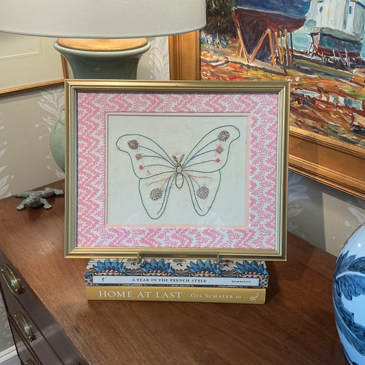 Early 20th Century Butterfly Embroidery on Vintage Designer Pink Ricrac Vines in Gold Frame