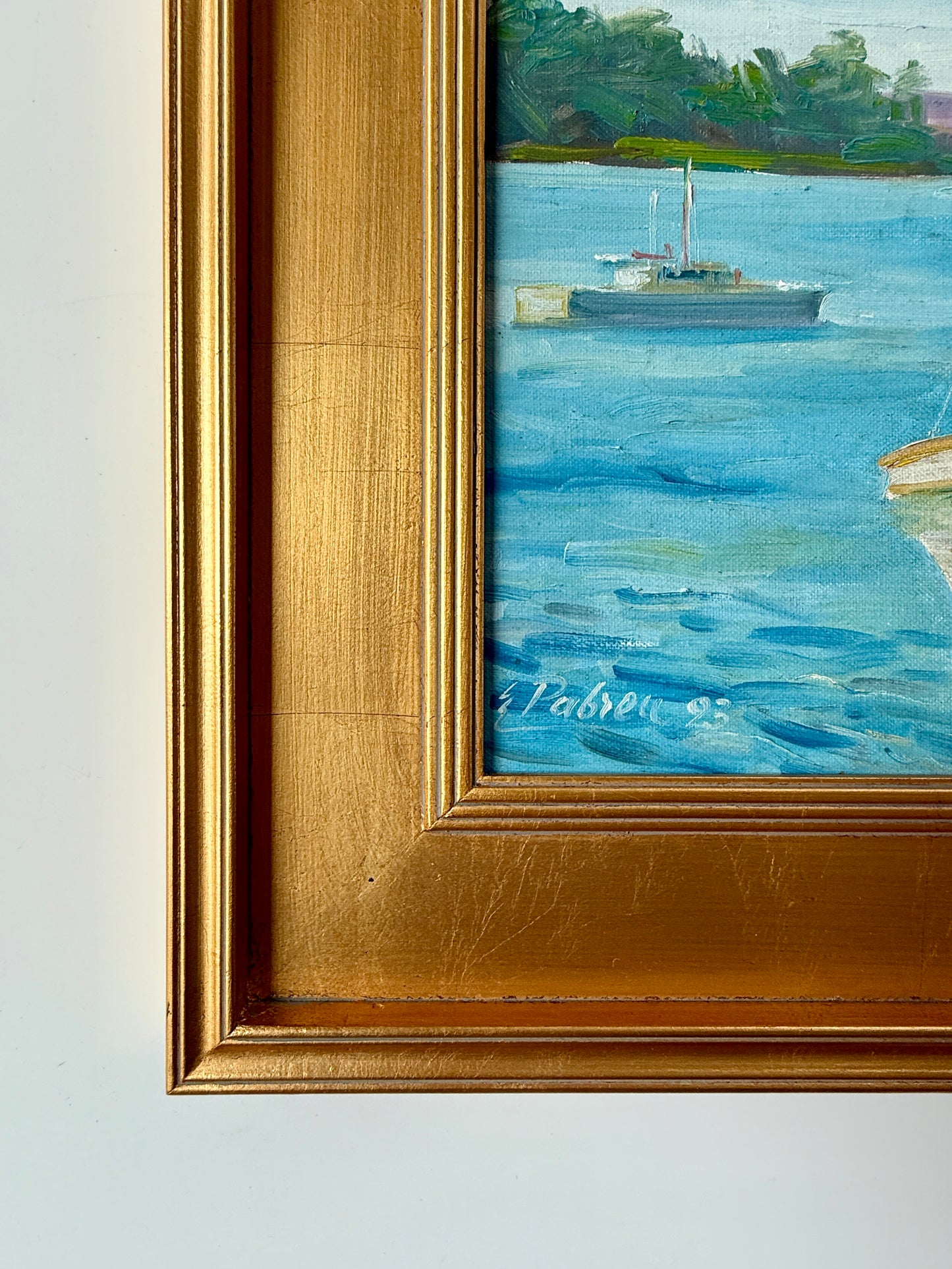 20th Century Pabreu Boats in Cove Marina Oil Painting in Gold Frame
