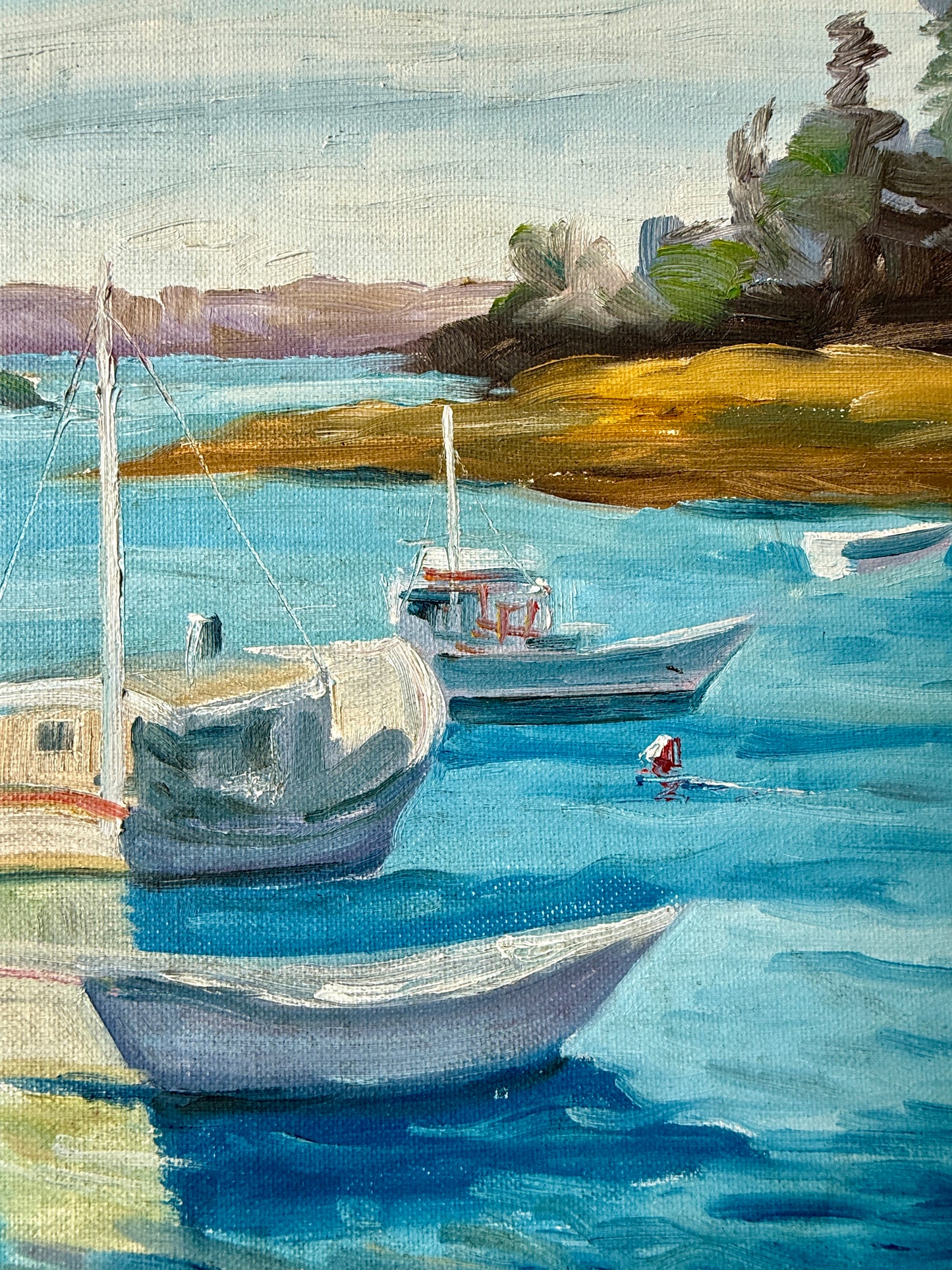 20th Century Pabreu Boats in Cove Marina Oil Painting in Gold Frame