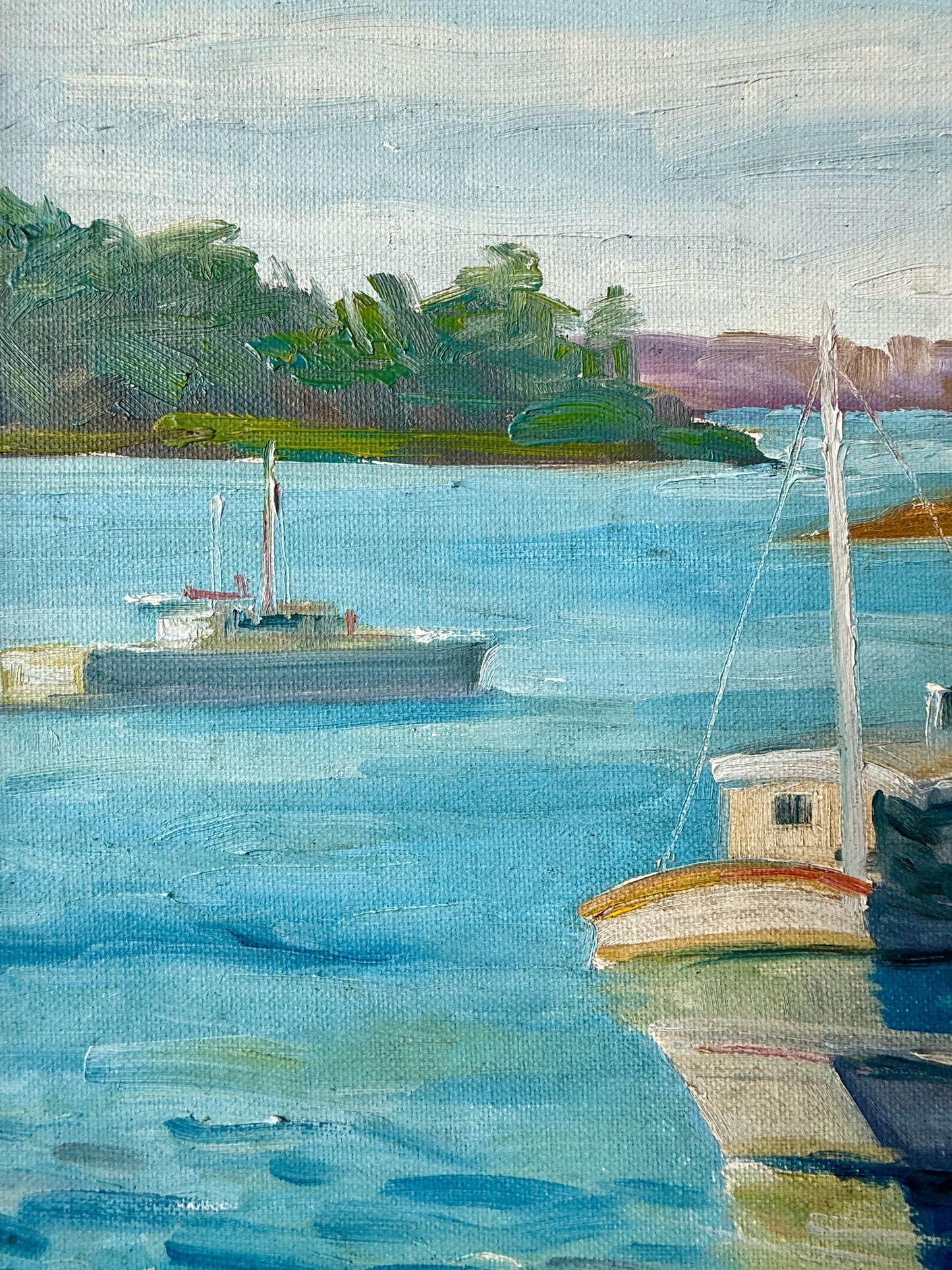 20th Century Pabreu Boats in Cove Marina Oil Painting in Gold Frame