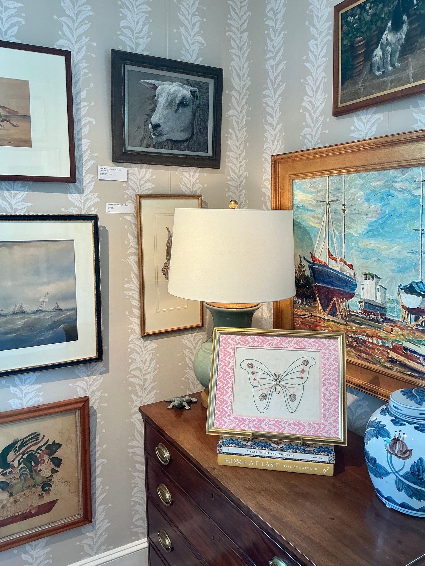 Early 20th Century Butterfly Embroidery on Vintage Designer Pink Ricrac Vines in Gold Frame