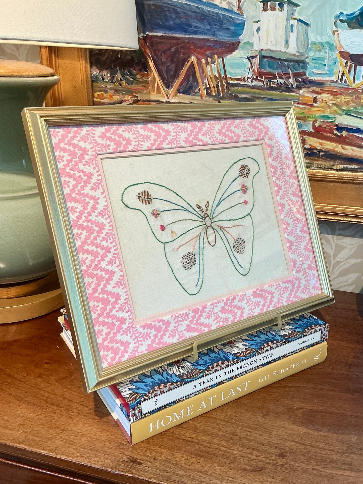 Early 20th Century Butterfly Embroidery on Vintage Designer Pink Ricrac Vines in Gold Frame