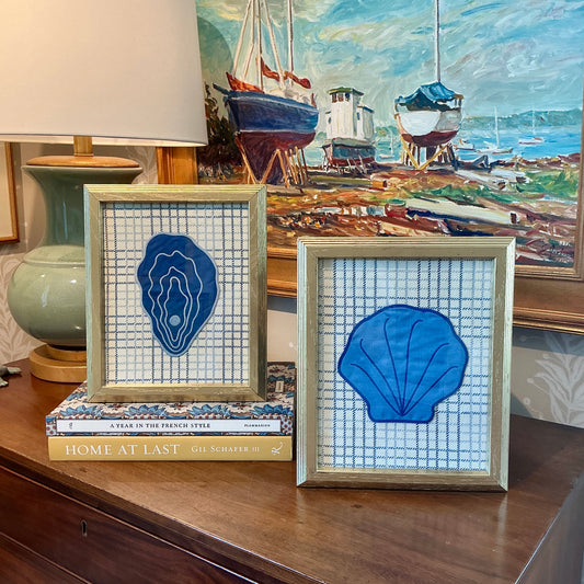 Embroidered Linen Oyster and Scallop Shell Pair on Blue Check in Vintage Gold Frames