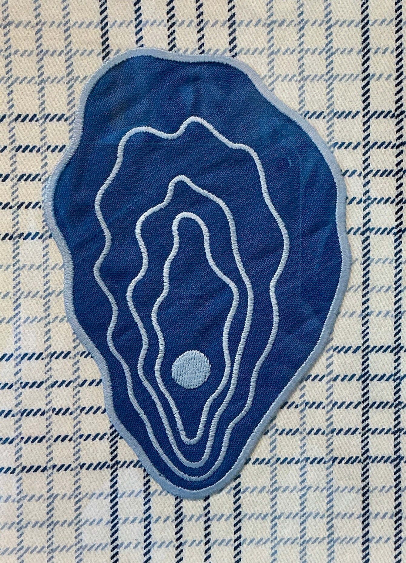 Embroidered Linen Oyster and Scallop Shell Pair on Blue Check in Vintage Gold Frames