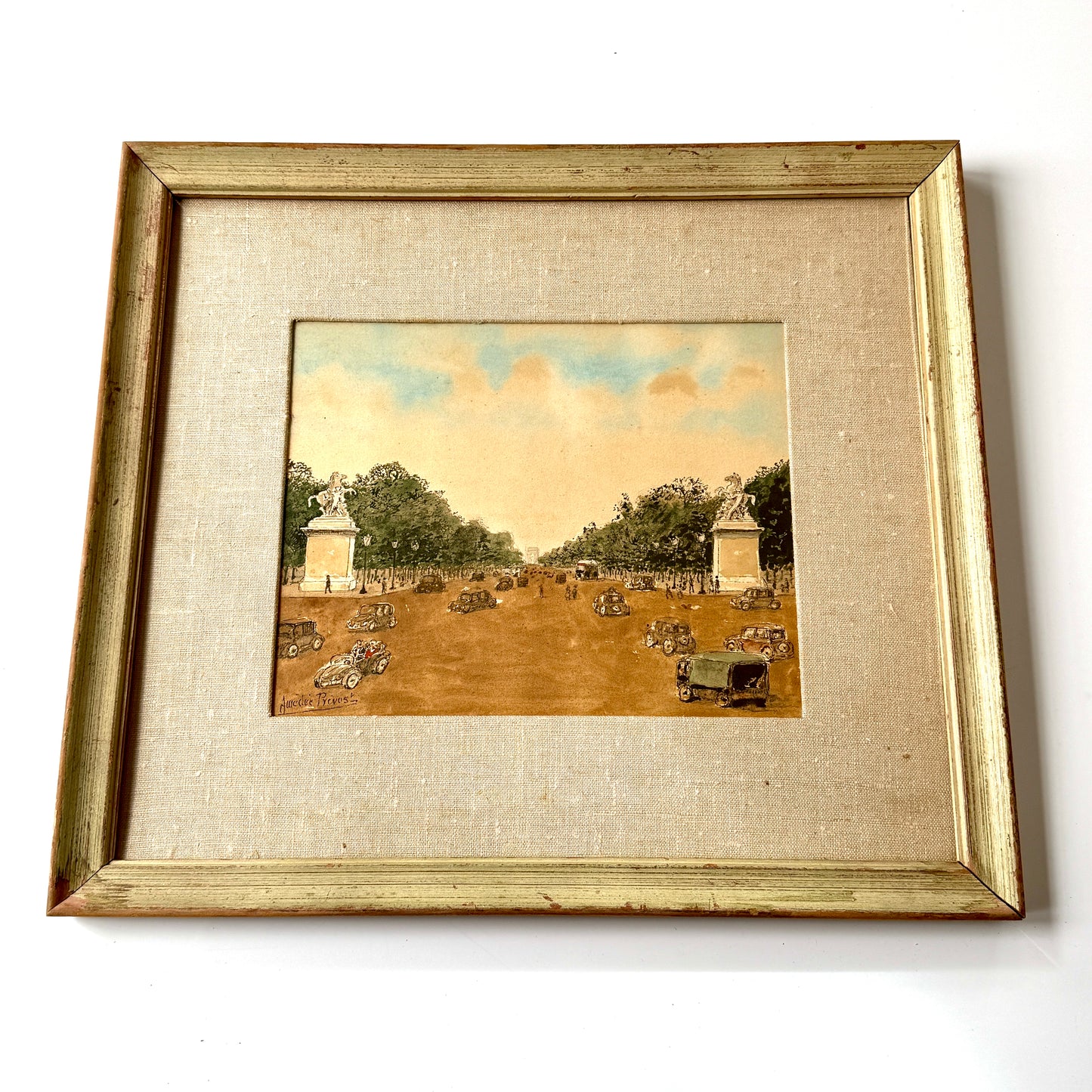 Amedee Prevost Champs-Élysées Paris Watercolor Gouache Painting in Painted Frame