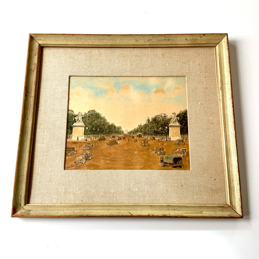 Amedee Prevost Champs-Élysées Paris Watercolor Gouache Painting in Painted Frame