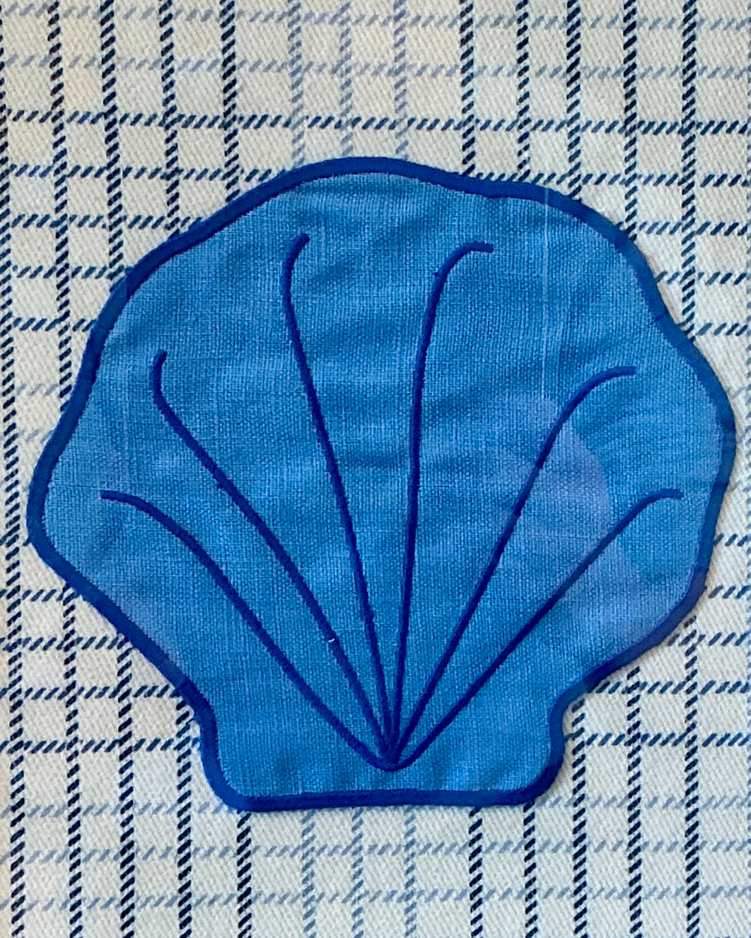 Embroidered Linen Oyster and Scallop Shell Pair on Blue Check in Vintage Gold Frames