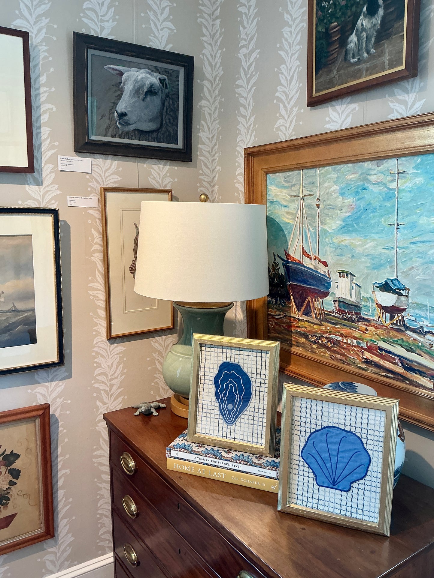 Embroidered Linen Oyster and Scallop Shell Pair on Blue Check in Vintage Gold Frames