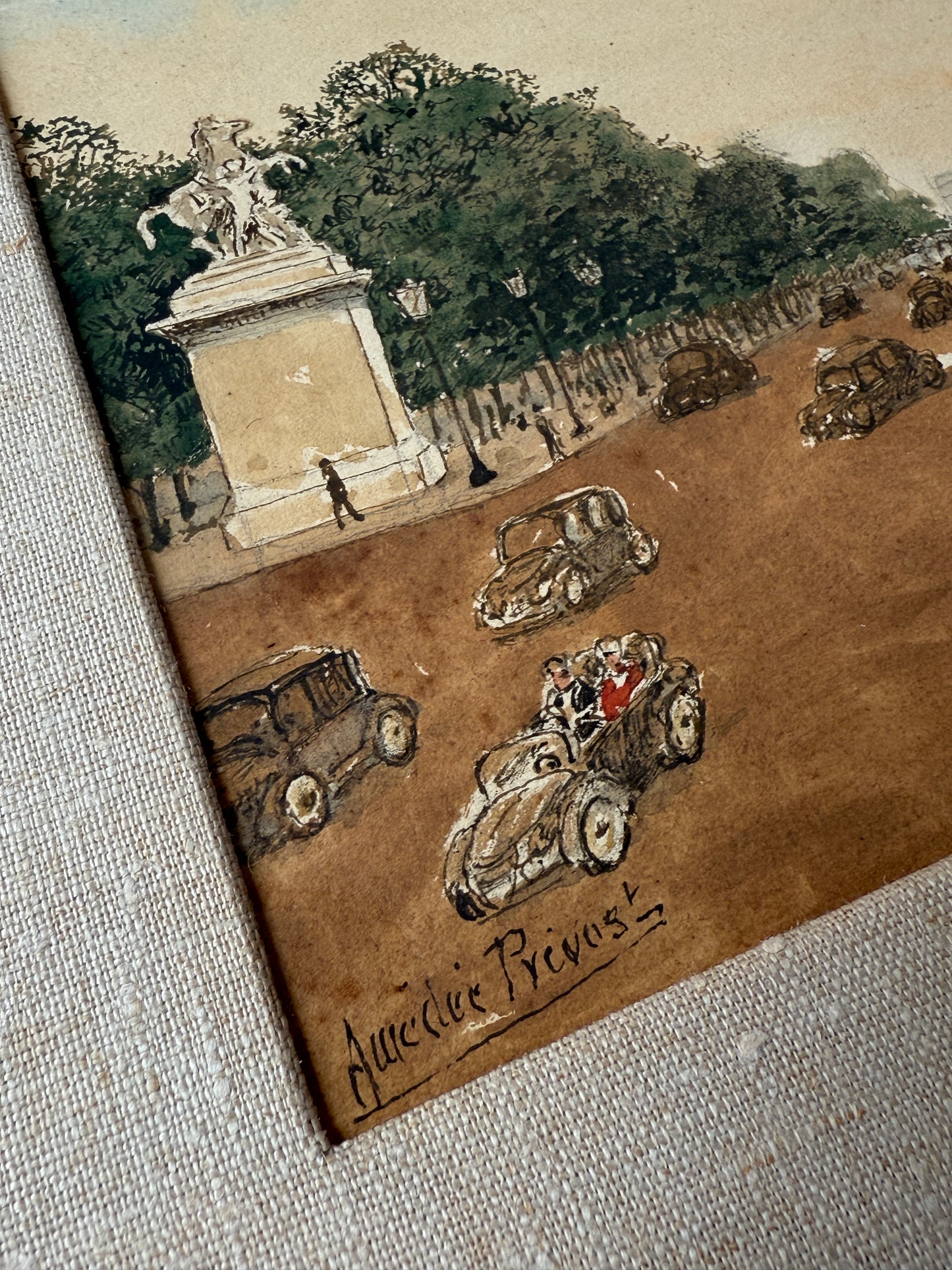 Amedee Prevost Champs-Élysées Paris Watercolor Gouache Painting in Painted Frame
