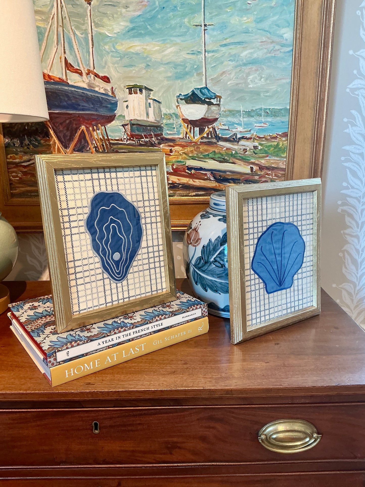 Embroidered Linen Oyster and Scallop Shell Pair on Blue Check in Vintage Gold Frames