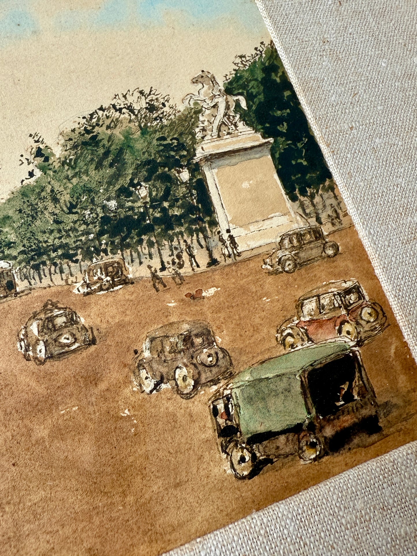 Amedee Prevost Champs-Élysées Paris Watercolor Gouache Painting in Painted Frame