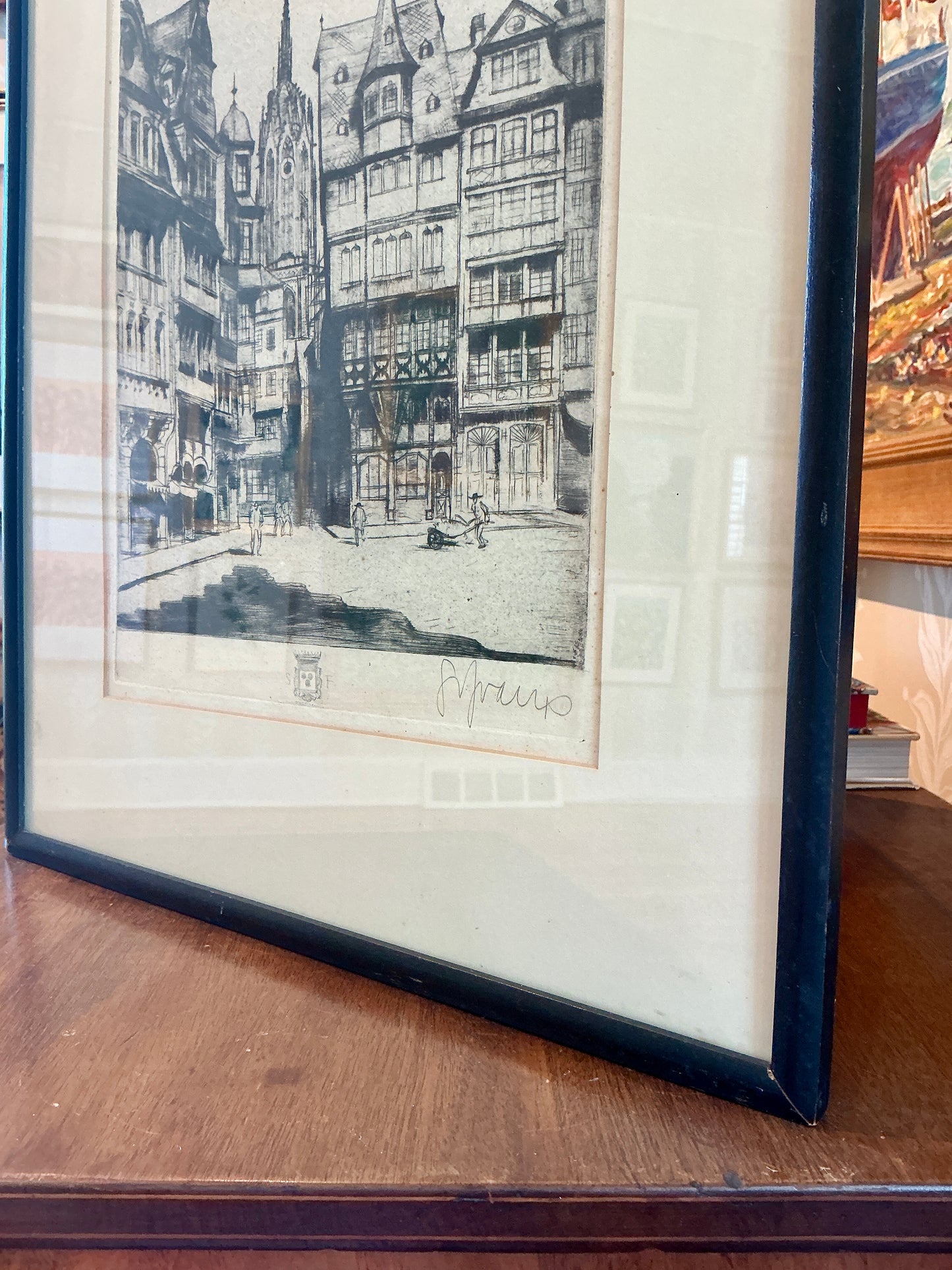 Sepp Frank Ethcing Frankfurt Germany Cityscape in Black Wood Frame