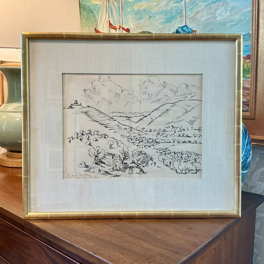 Vintage 1943 Pencil and Ink Landscape Drawing in Gold Frame