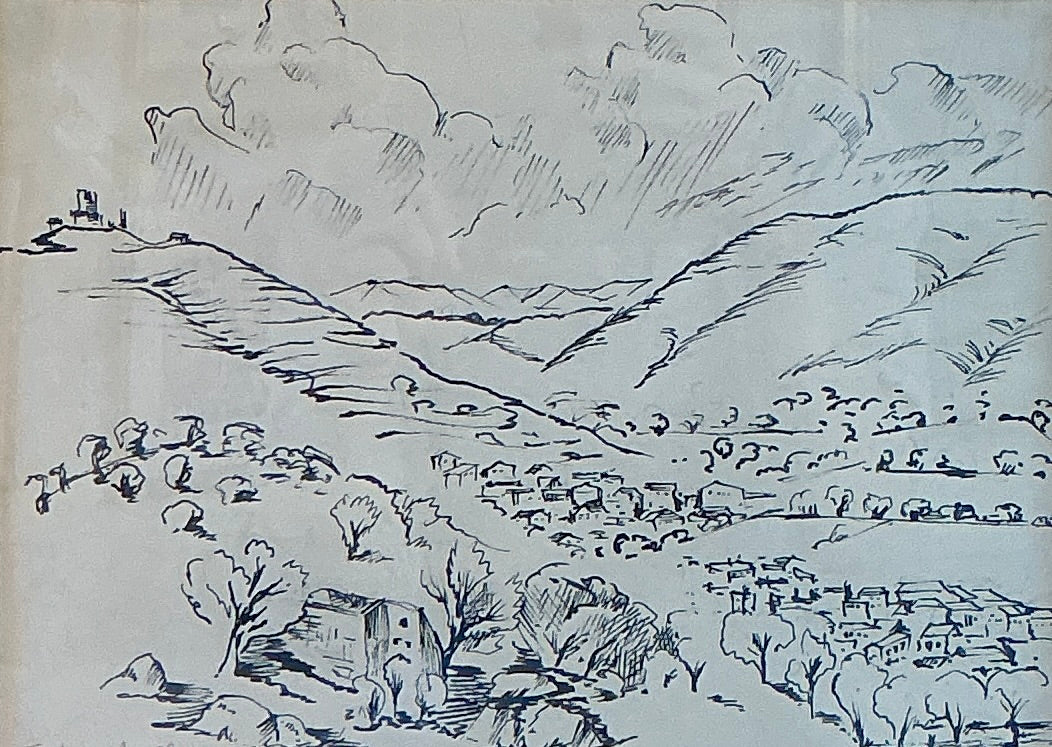 Vintage 1943 Pencil and Ink Landscape Drawing in Gold Frame
