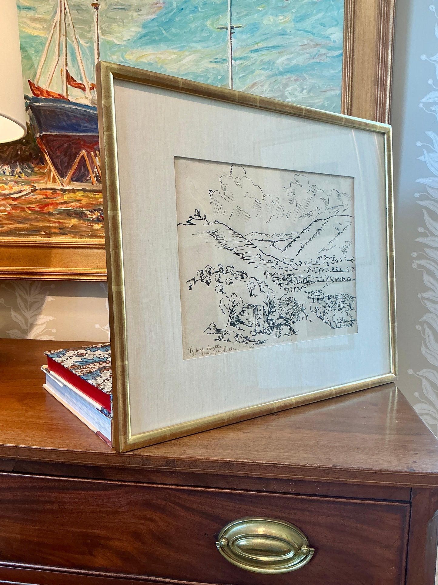 Vintage 1943 Pencil and Ink Landscape Drawing in Gold Frame