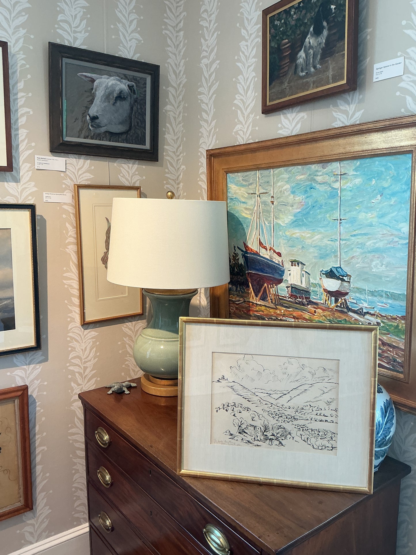 Vintage 1943 Pencil and Ink Landscape Drawing in Gold Frame