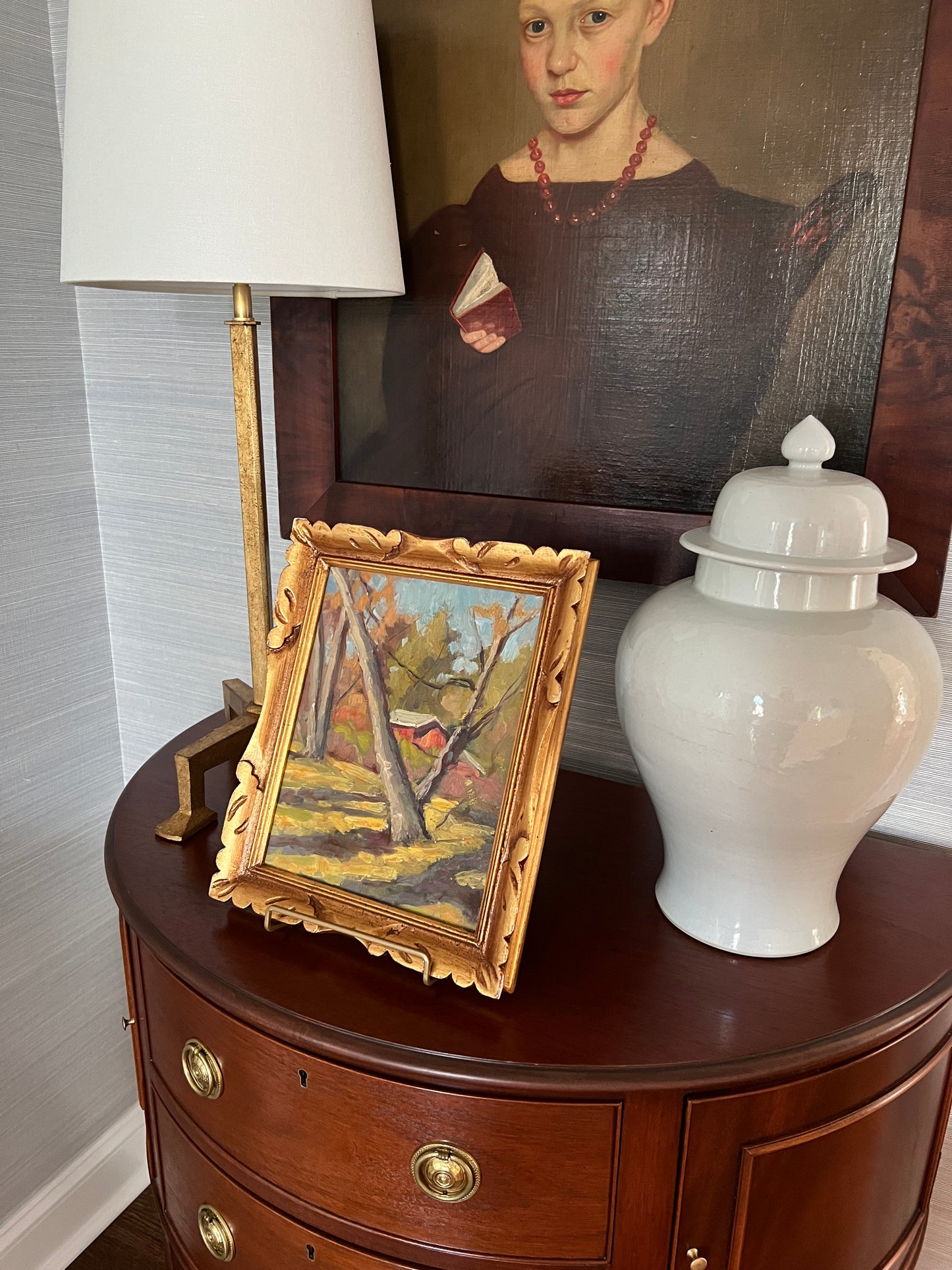 Vintage Impressionist Red Barn Landscape in Ornate Gold Frame