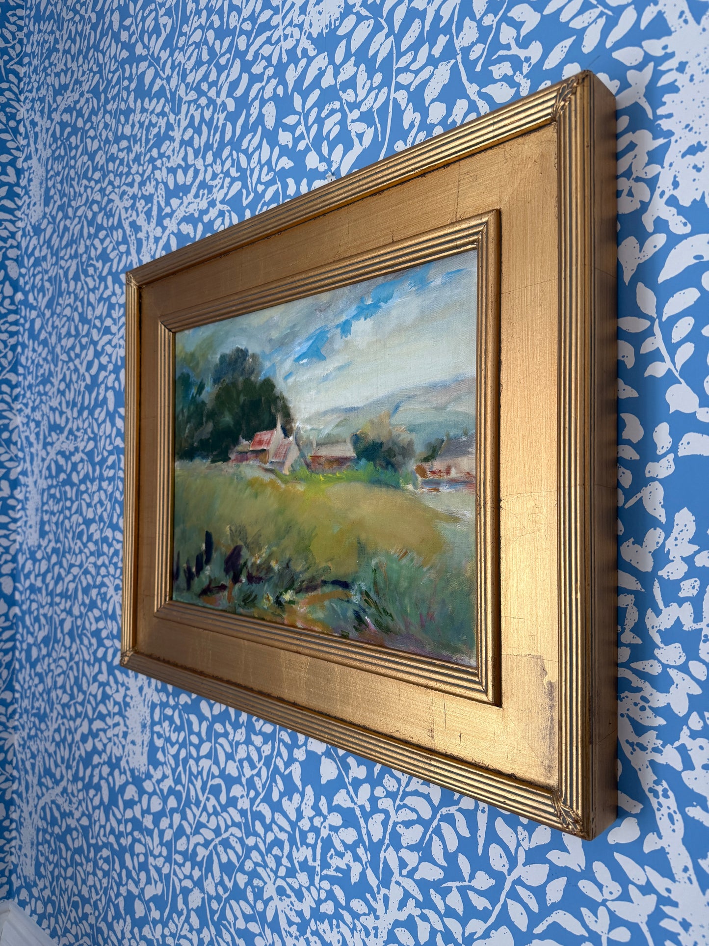 Impressionist Landscape with Pink Country Houses Oil Painting in Gold Frame