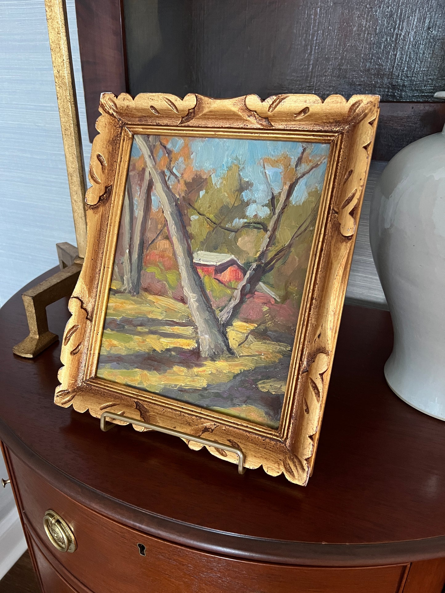 Vintage Impressionist Red Barn Landscape in Ornate Gold Frame