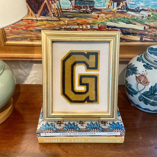 Vintage Gold and Navy Varsity Letter Initial G on Ivory Duck Cloth in Gold Frame