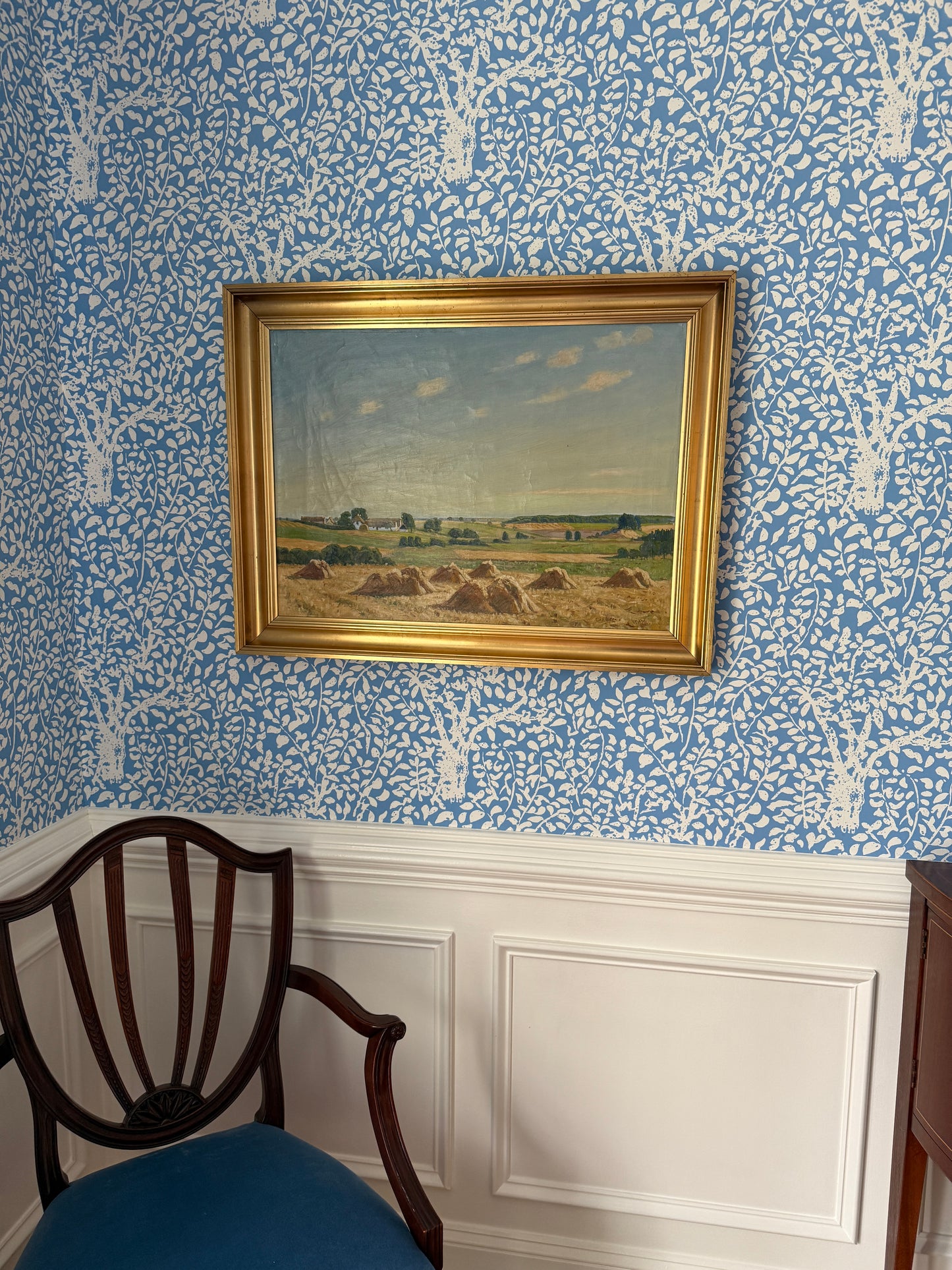 Mid Century Hay Field Sprawling Farm Landscape Oil Painting in Gold Frame