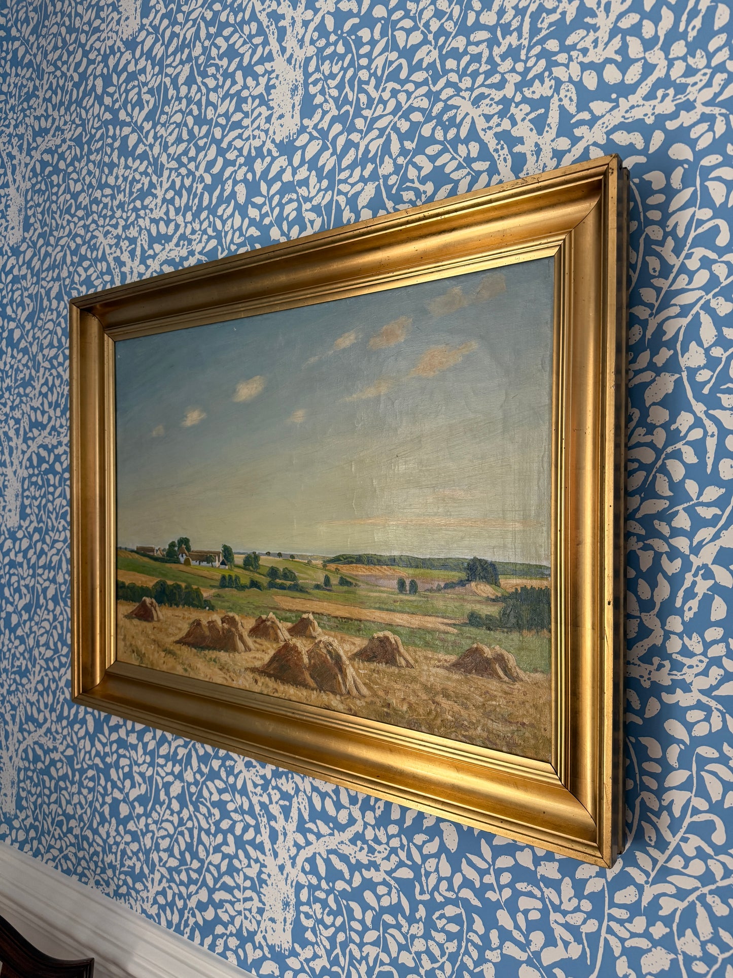 Mid Century Hay Field Sprawling Farm Landscape Oil Painting in Gold Frame