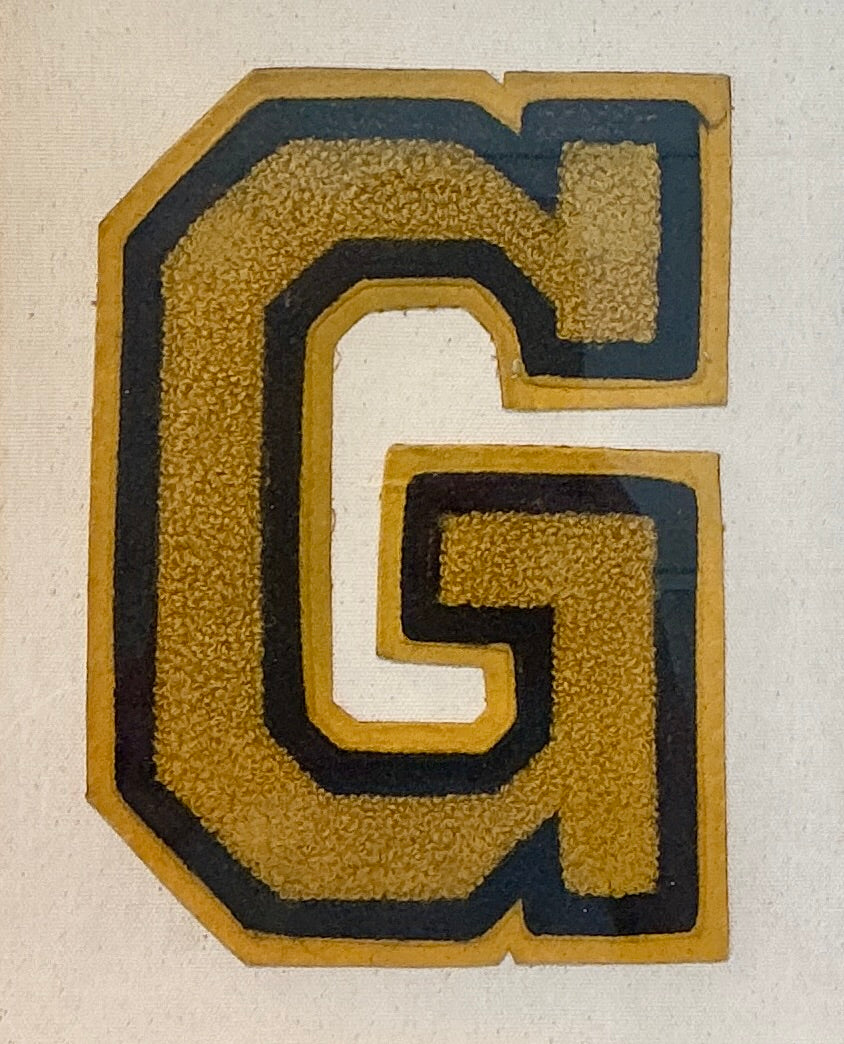 Vintage Gold and Navy Varsity Letter Initial G on Ivory Duck Cloth in Gold Frame