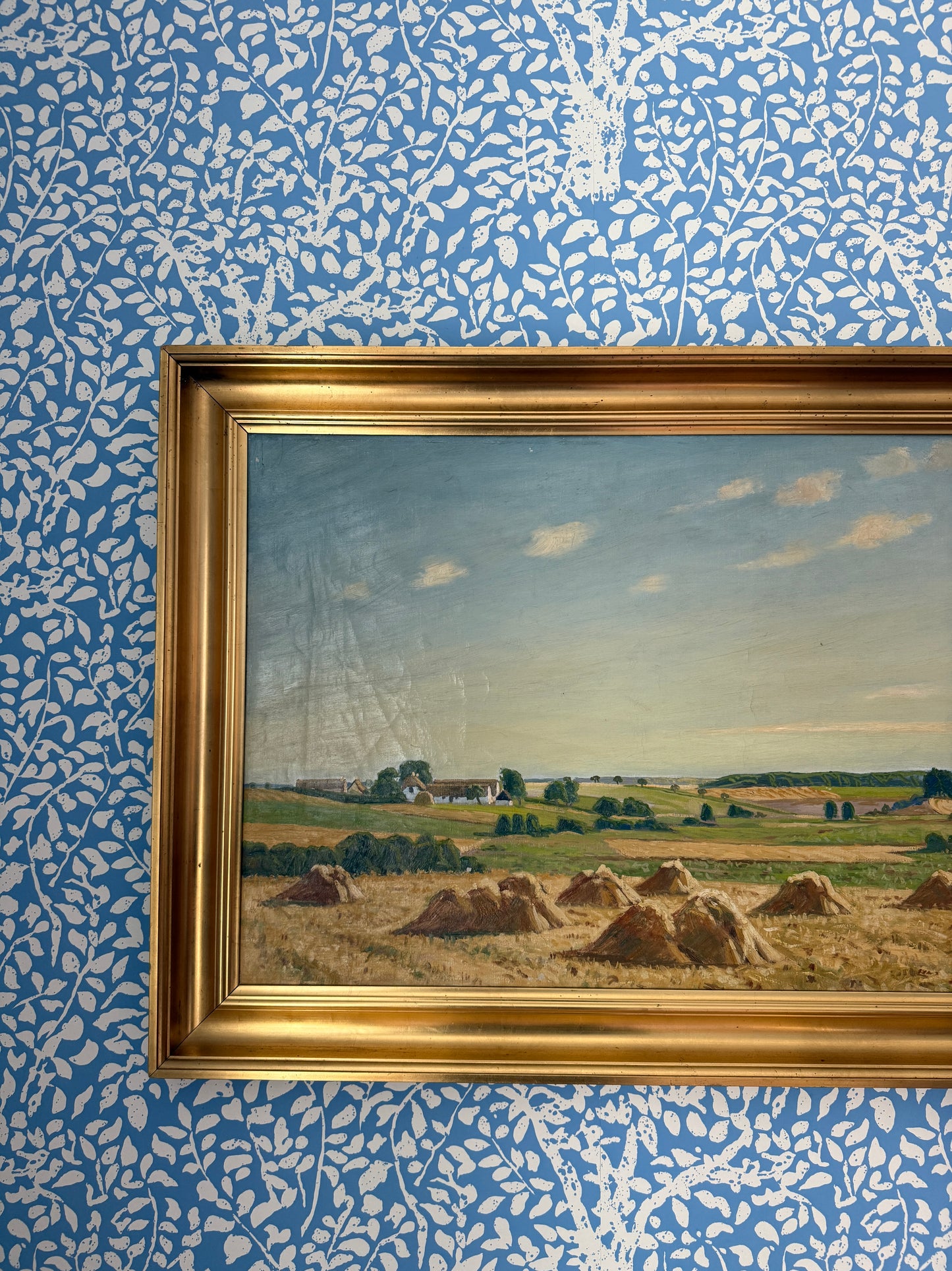 Mid Century Hay Field Sprawling Farm Landscape Oil Painting in Gold Frame