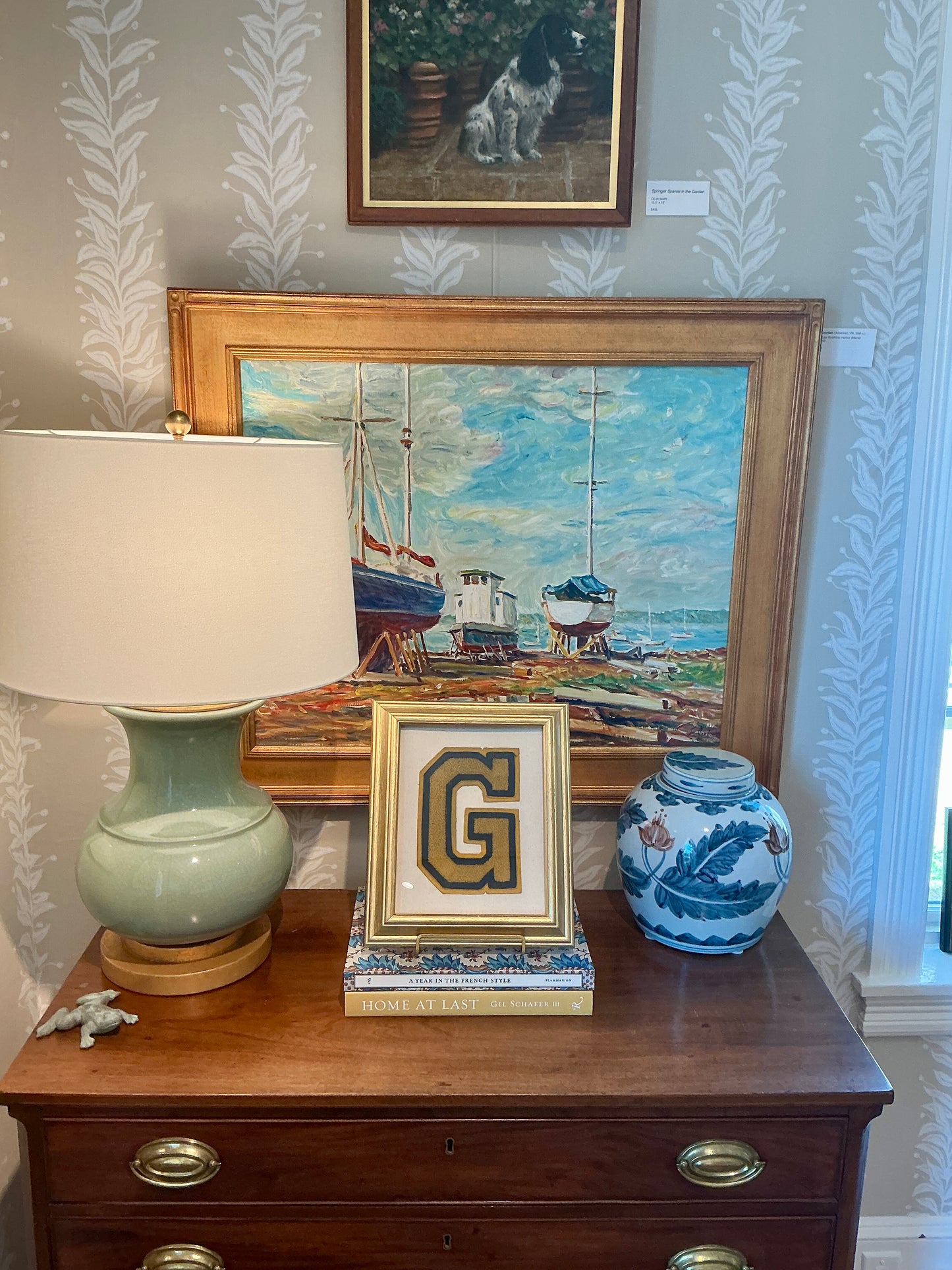 Vintage Gold and Navy Varsity Letter Initial G on Ivory Duck Cloth in Gold Frame