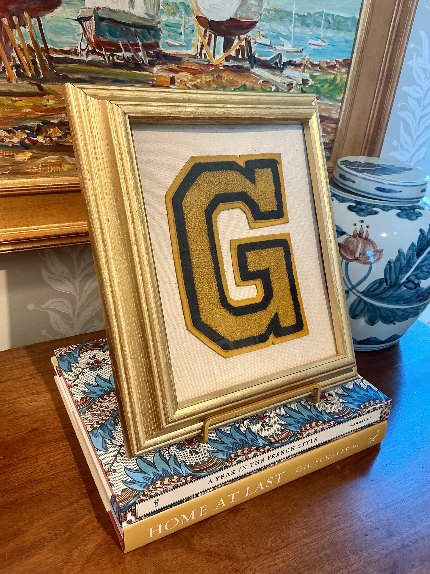 Vintage Gold and Navy Varsity Letter Initial G on Ivory Duck Cloth in Gold Frame