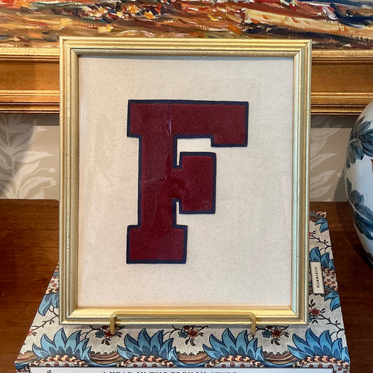 Vintage Maroon and Navy Varsity Letter Initial F on Ivory Duck Cloth in Gold Frame