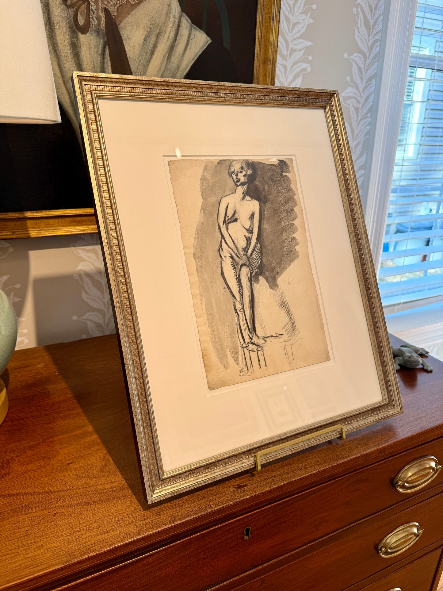 Arthur Beecher Carles Watercolor and Chalk Nude Female Portrait Painting in Custom Frame