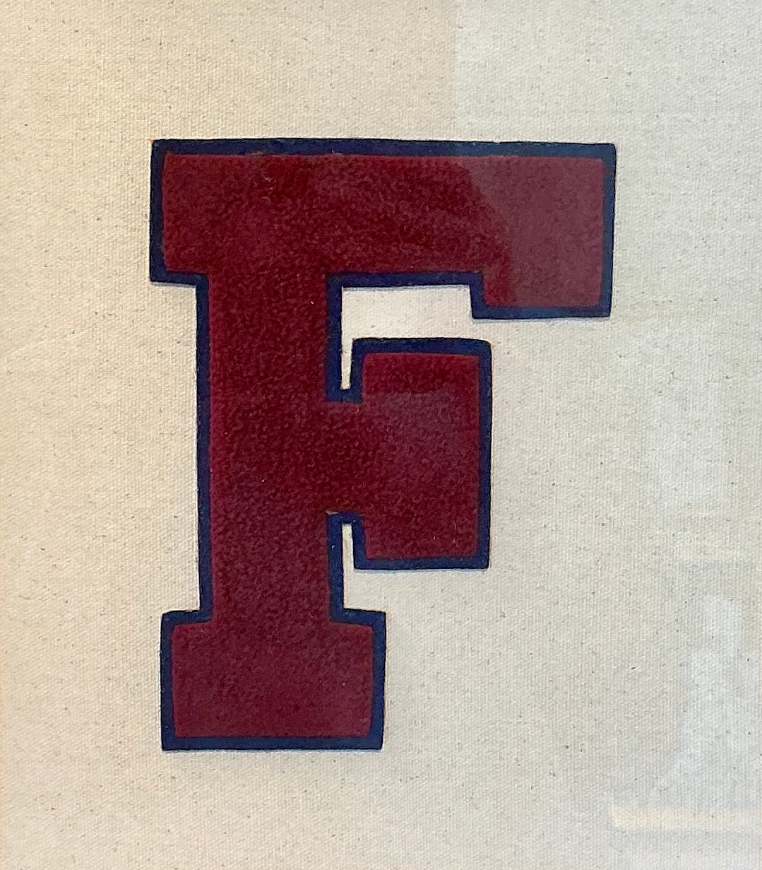 Vintage Maroon and Navy Varsity Letter Initial F on Ivory Duck Cloth in Gold Frame