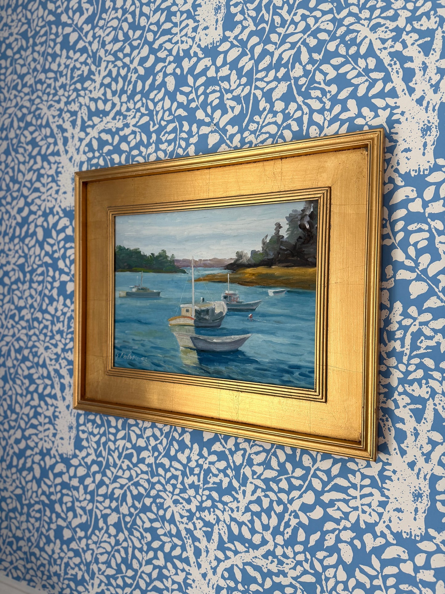 20th Century Pabreu Boats in Cove Marina Oil Painting in Gold Frame