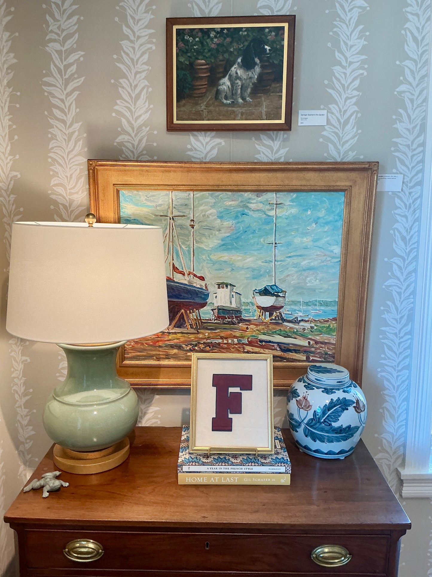 Vintage Maroon and Navy Varsity Letter Initial F on Ivory Duck Cloth in Gold Frame