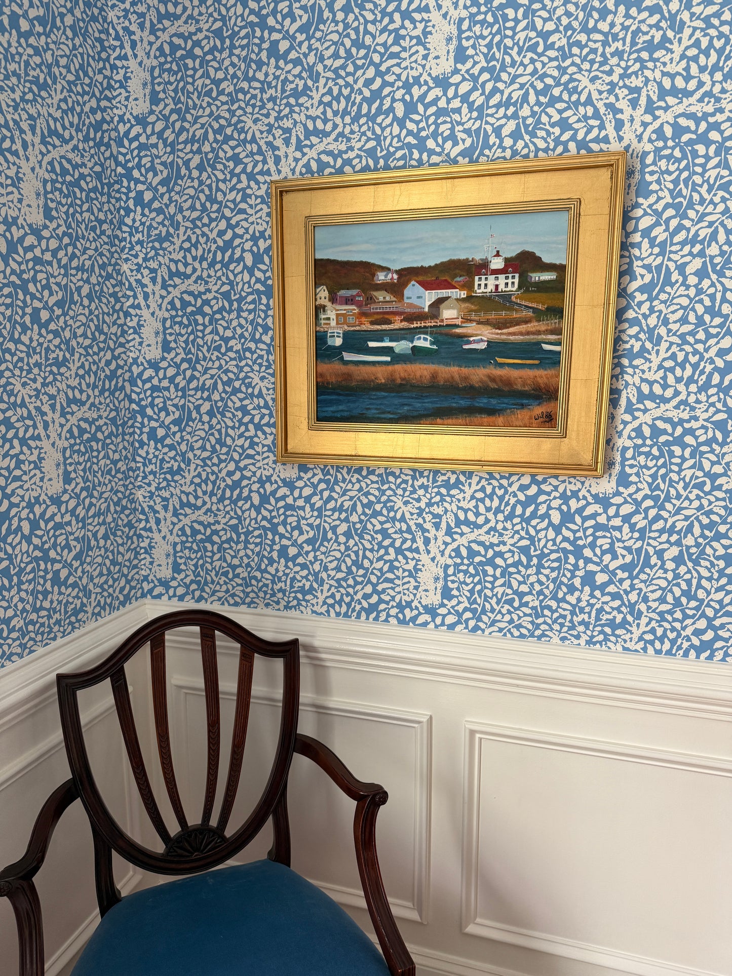 Vintage Martha's Vineyard Menemsha Harbor View Folk Painting in Gold Frame